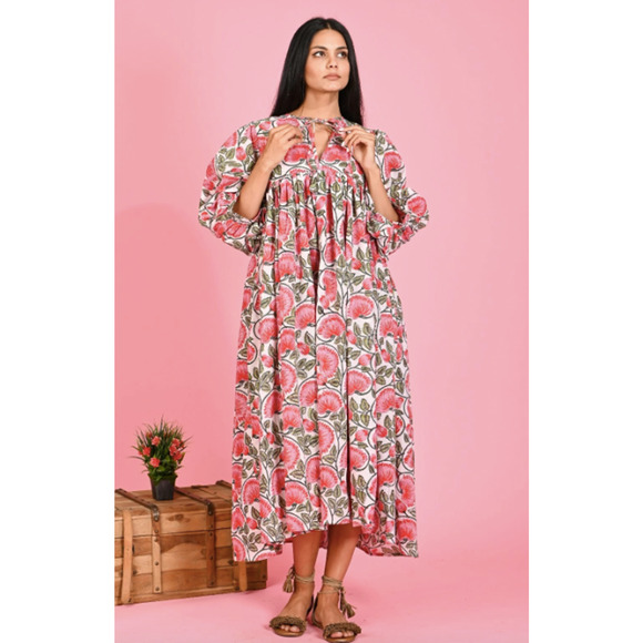 Indian Block Print Dress Floral Cotton Kyra Boho Midi Womens Small - Picture 2 of 6